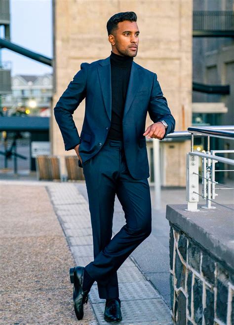 turtleneck with blazer|navy suit with white turtleneck.